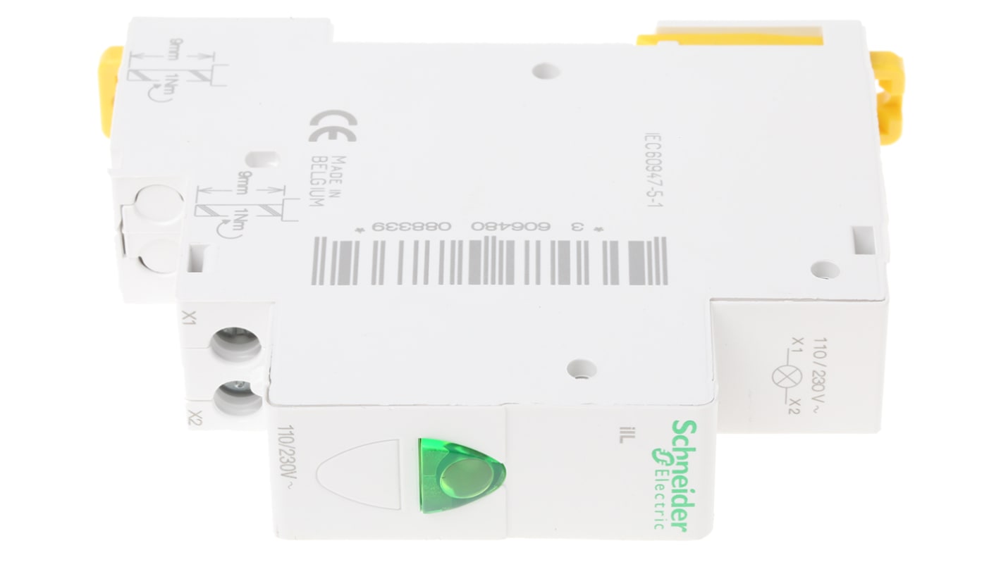 Spia LED Acti9 per tensione 230V ca, luce verde, serie iIL. Ideale per segnalare tensione con lampeggio singolo/doppio. Schneider Electric - A9E18321.