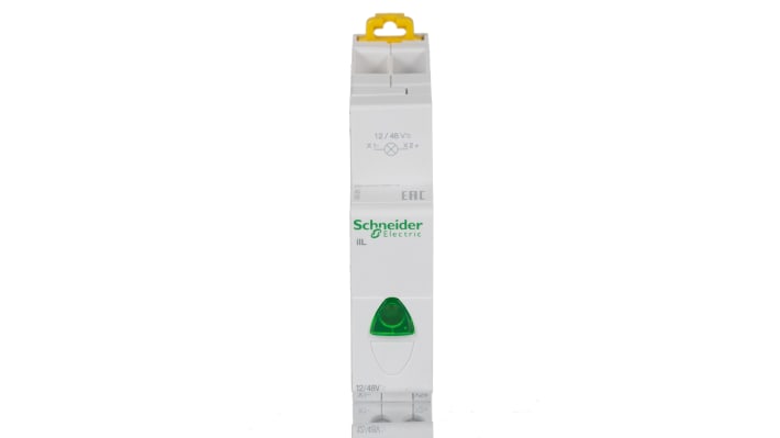 Indicatore LED monofase Schneider Electric A9E18331 per guida DIN, IP2X - Serie Acti9 iIL. Rileva tensioni da 12 a 48 V c.a./c.c. Ideale per impianti di assemblaggio e sistemi robotici.