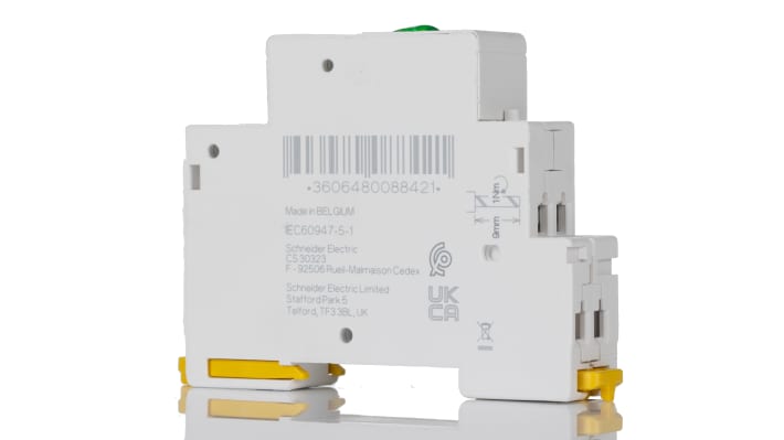 Indicatore LED monofase Schneider Electric A9E18331 per guida DIN, IP2X - Serie Acti9 iIL. Rileva tensioni da 12 a 48 V c.a./c.c. Ideale per impianti di assemblaggio e sistemi robotici.