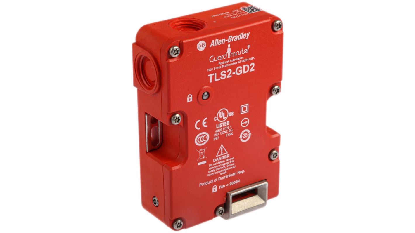Interruttore di interblocco a solenoide Allen Bradley Guardmaster 440G-T27255, 24V, IP67, con 2 contatti NC e 1 NO, dimensioni 126x86x43 mm.