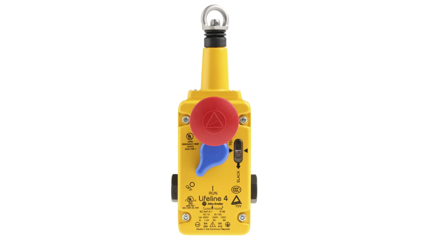 Interruttore a filo Allen Bradley Guardmaster 440E-L13137, montaggio diritto, 2NA e 2NC, cavo 75m, grado di protezione IP66. Dimensioni 204 x 56 x 40mm.