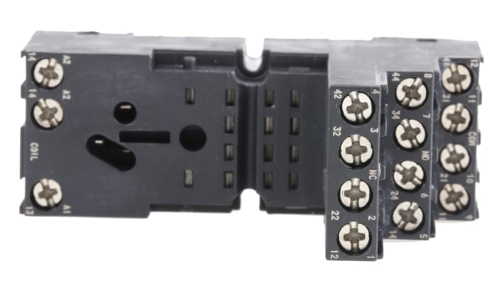 Omron PYF14ESSB, zoccolo per relè MY2 e MY4, guida DIN, 250 V, 12 A, dimensioni 83 x 27 x 61 mm, peso 66 g.