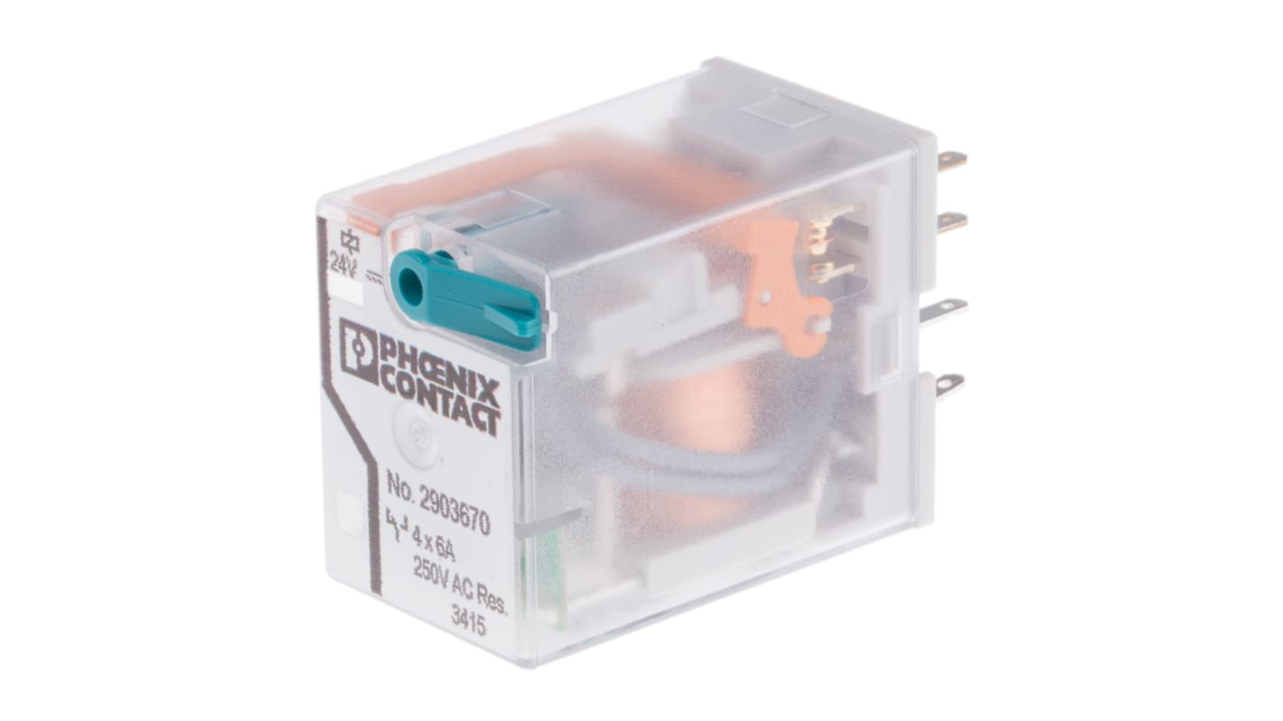 Relè di potenza Phoenix Contact 2903670 - 4PDT, bobina 24V cc, montaggio su PCB - Durata meccanica 20M cicli - LED di stato - Contatti placcati in oro - Ideale per applicazioni a bassa tensione.
