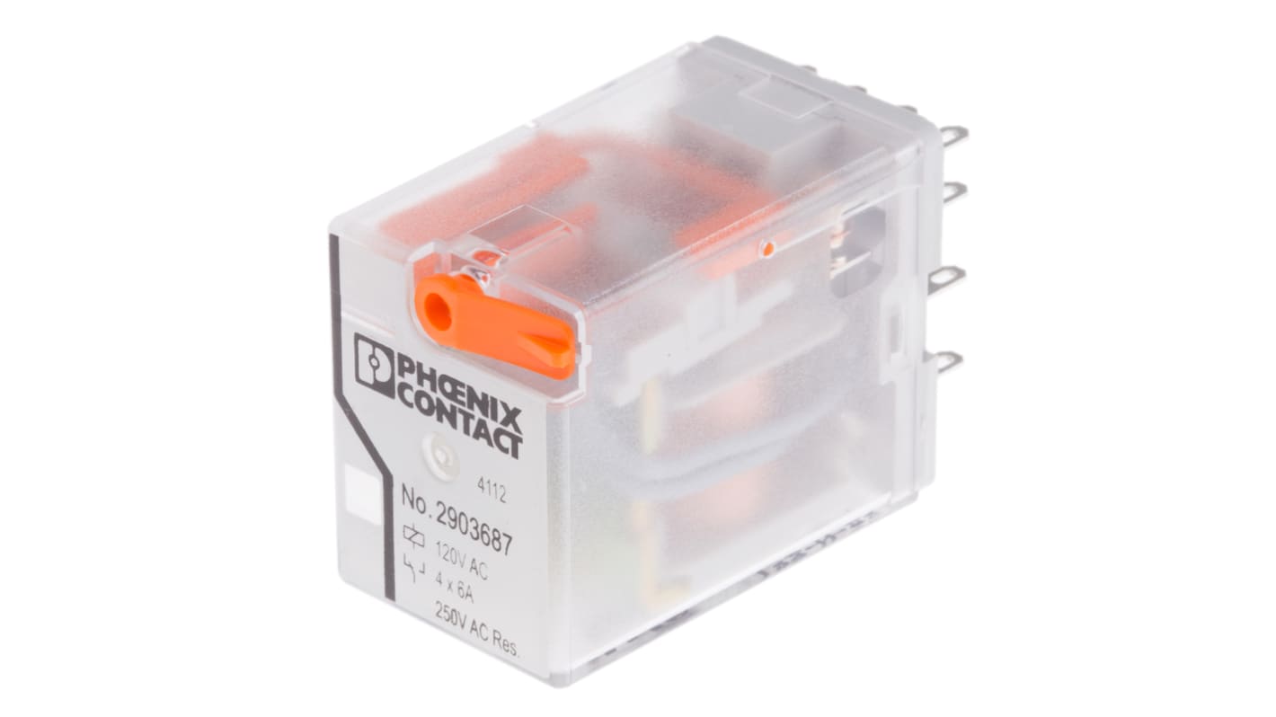 Relè di potenza Phoenix Contact REL IR4 2903687 4PDT, bobina 120V ca, contatti 4, LED giallo. Adatto per applicazioni industriali.