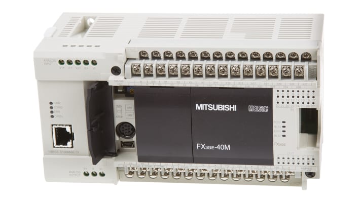 Mitsubishi Electric FX3GE-40MR/ES, CPU PLC con 40 I/O, montaggio a parete, dimensioni 130 x 86 x 90 mm.