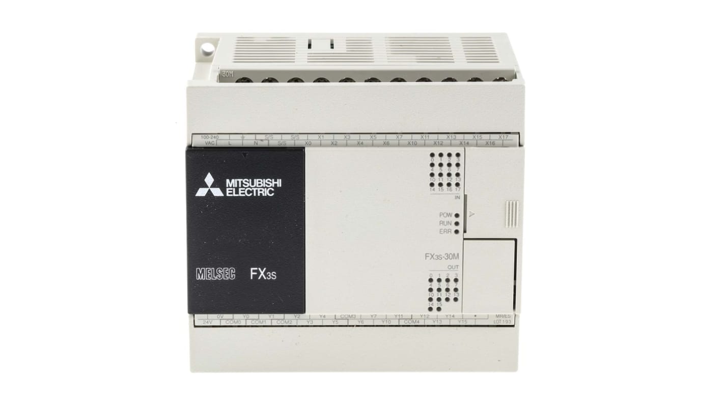 CPU PLC Mitsubishi Electric FX3S-30MR/ES, 16 ingressi, 14 uscite, montaggio a parete, dimensioni 100 x 75 x 90 mm.