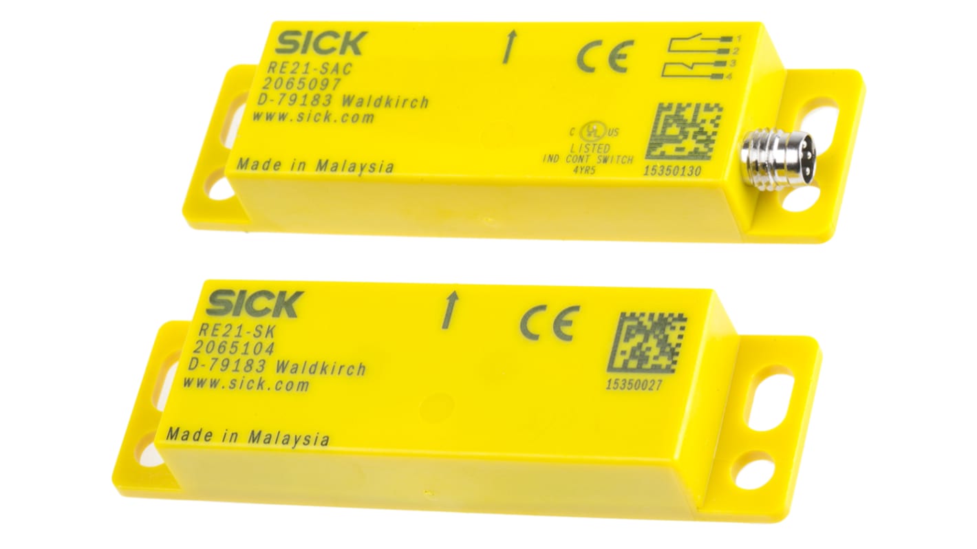 Interruttore di sicurezza senza contatto Sick RE21-SAC, categoria di sicurezza 4, grado di protezione IP67, dimensioni 87.5 x 25 x 13 mm.