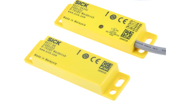 Interruttore di sicurezza senza contatto Sick RE27-SA10L, 3NO, IP67, dimensioni 87.5mm x 25mm x 13mm, compatibile con aree igieniche.