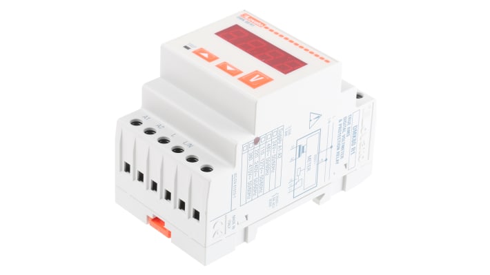 Voltmetro digitale Lovato DMK80R1, display LED 4 cifre, montaggio su guida DIN, precisione ±0.25%, IP40, -20 a +60 °C.