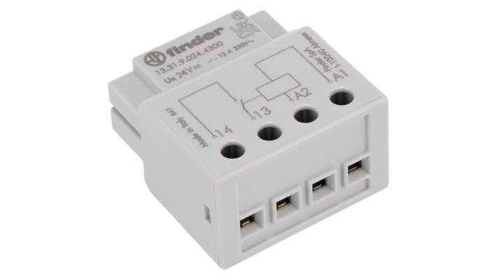 Finder 13.31.9.024.4300, relè monostabile SPST 24V cc, corrente 12A, montaggio in scatola, dimensioni 37x39x22.7 mm.