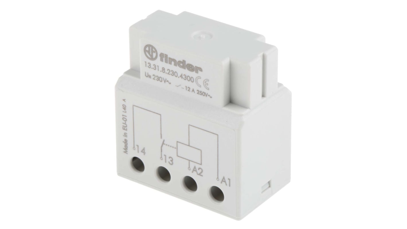 Finder 13.31.8.230.4300, relè monostabile SPST 230V, corrente 12A, dimensioni 37mm x 22.7mm x 39mm, montaggio in scatola.