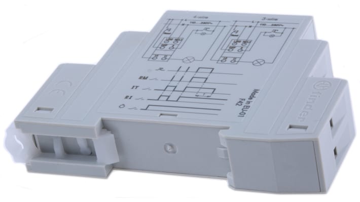 Finder 13.61.8.230.0000, relè di potenza SPST per guida DIN, 230V, 16A, dimensioni 17.5mm x 60.8mm x 88.8mm.