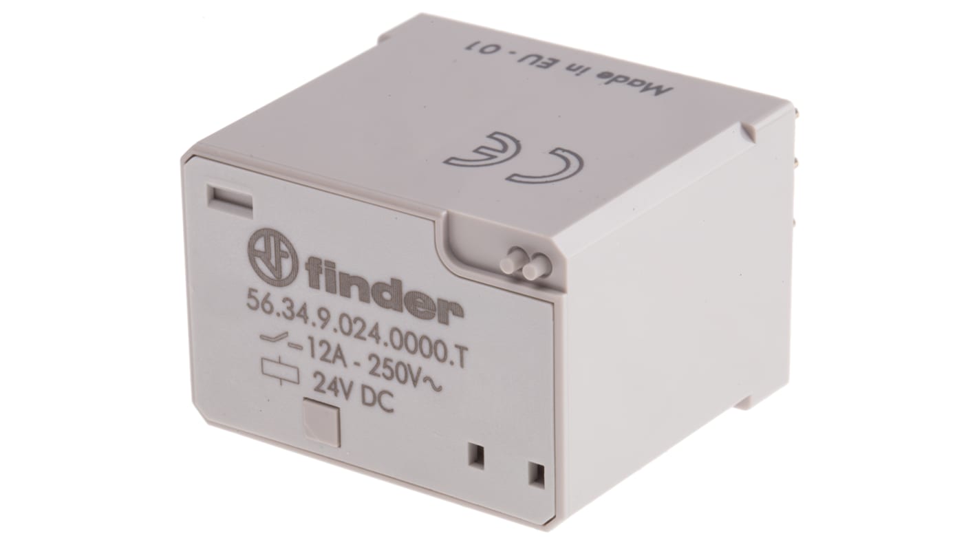 Finder 56.34.9.024.0000T, relè di potenza 4PDT per applicazioni ferroviarie, bobina 24V cc, dimensioni 27.7mm x 37.1mm x 40.8mm.
