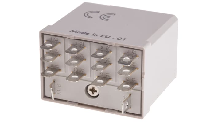 Finder 56.34.9.024.0000T, relè di potenza 4PDT per applicazioni ferroviarie, bobina 24V cc, dimensioni 27.7mm x 37.1mm x 40.8mm.