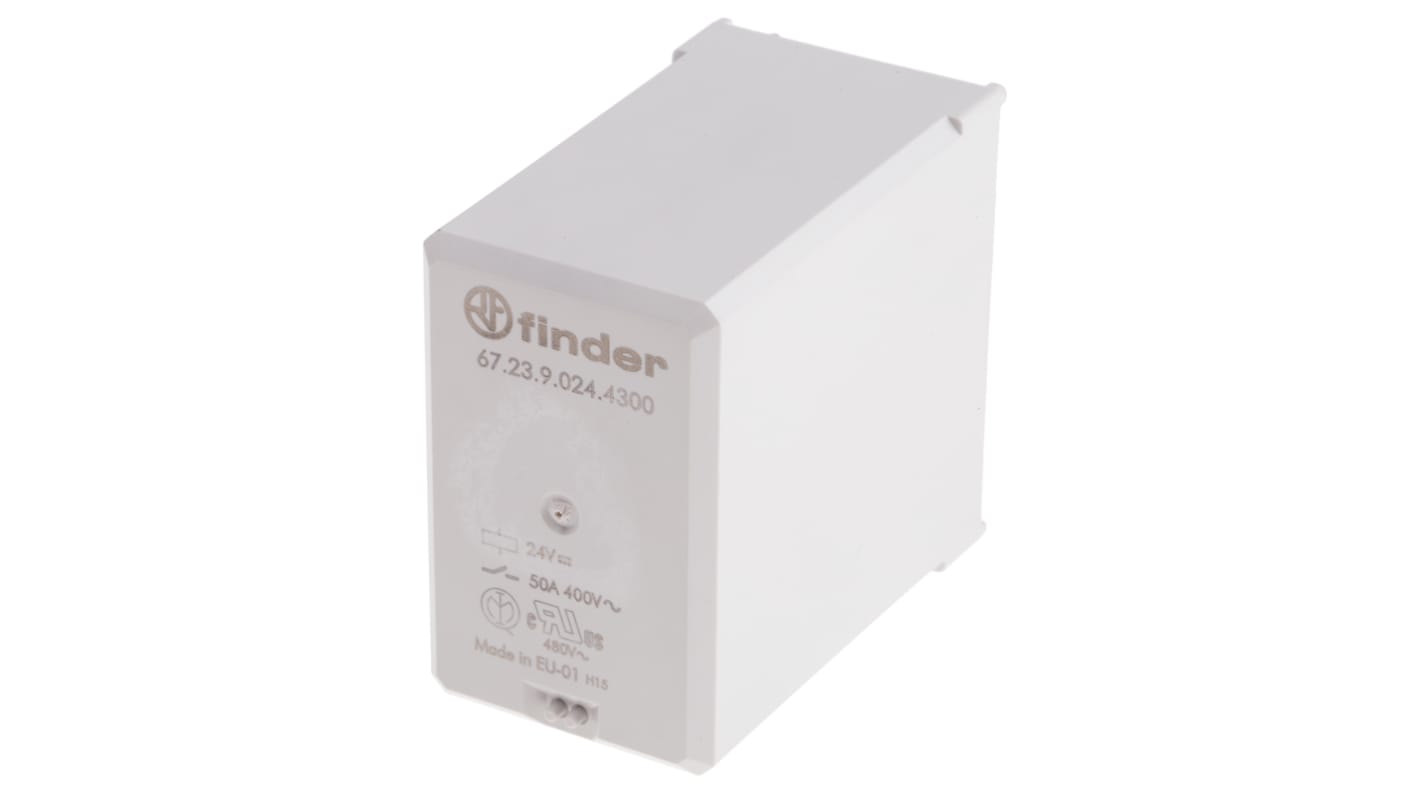Finder 67.23.9.024.4300, relè di potenza 3 poli NA, bobina 24V cc, montaggio su PCB, dimensioni 33x51.5x57.5 mm.