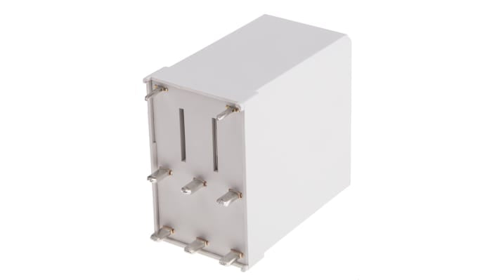 Finder 67.23.9.024.4300, relè di potenza 3 poli NA, bobina 24V cc, montaggio su PCB, dimensioni 33x51.5x57.5 mm.