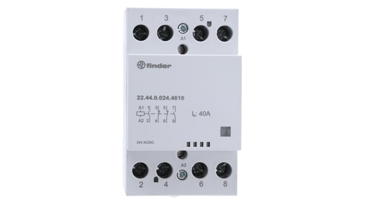 Finder 22.44.0.024.4610, contattore modulare 4 poli, 40 A, 24 V c.c./c.a., montaggio su guida DIN 35 mm, dimensioni 53.5 mm x 63.1 mm.