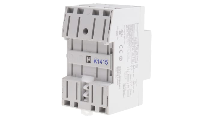 Finder 22.44.0.120.4310, contattore modulare 4 poli, corrente 40 A, montaggio su guida DIN 35 mm, dimensioni 53.5 x 63.1 mm.