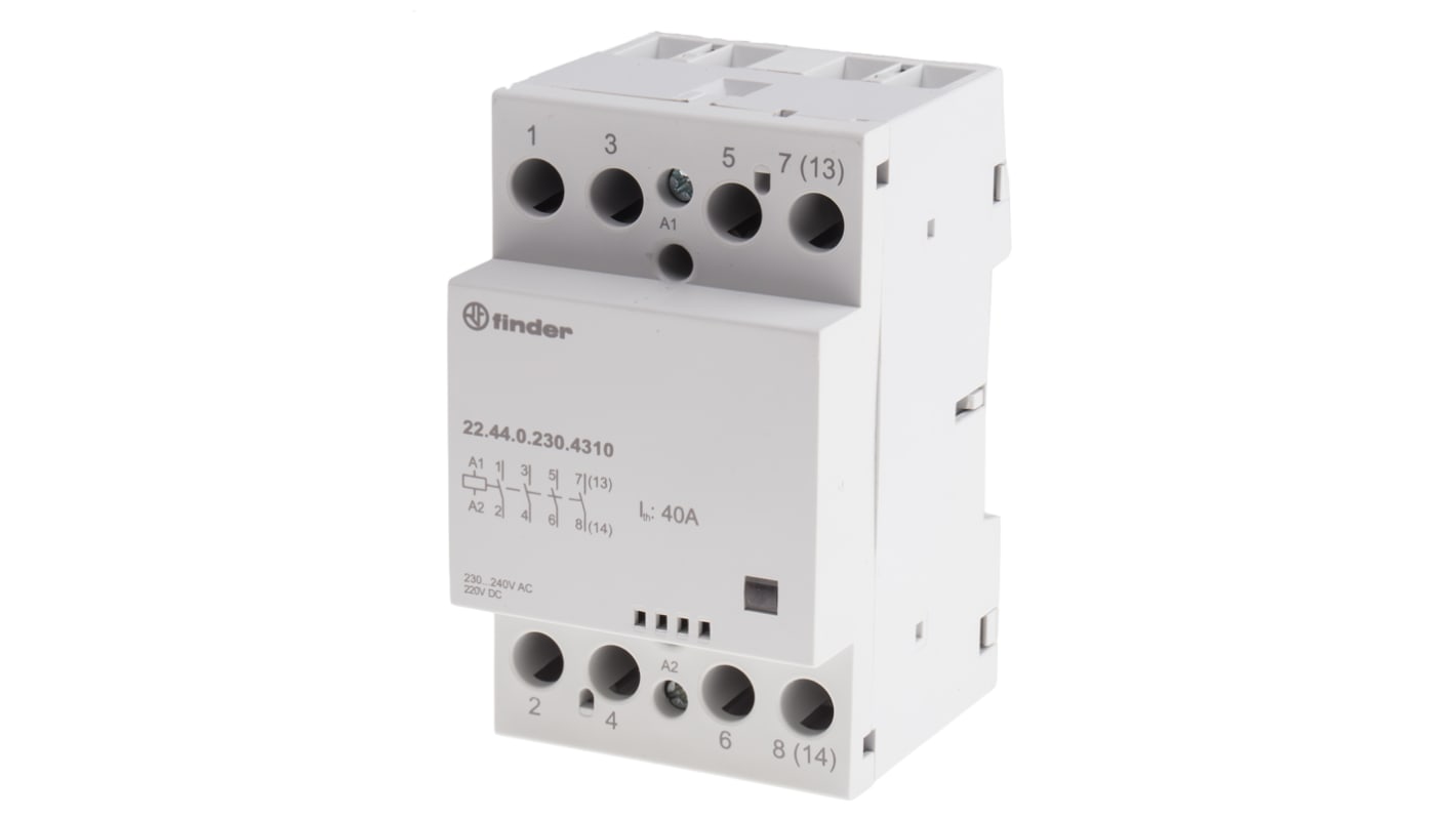 Finder 22.44.0.230.4310, contattore modulare 4 poli, 40 A, 240 V CA, montaggio su guida DIN 35 mm, dimensioni 53.5 x 63.1 mm.