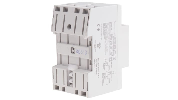 Finder 22.44.0.230.4710, contattore modulare 4 poli, 40 A, 240 V CA, montaggio su guida DIN 35 mm, dimensioni 53.5 mm x 63.1 mm.