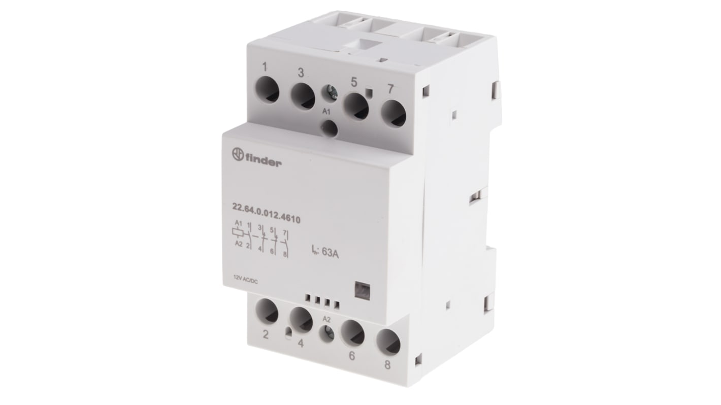 Finder 22.64.0.012.4610, contattore 4 poli 63 A, montaggio su guida DIN 35 mm, dimensioni 53.5 mm x 63.1 mm, bobina 12 V.