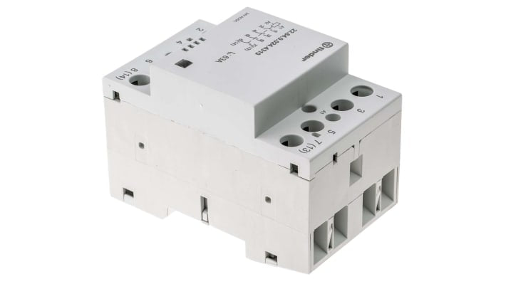 Finder 22.64.0.024.4310, contattore 4 poli 63 A, montaggio su guida DIN 35 mm, dimensioni 53.5 mm x 63.1 mm, tensione bobina 24 V.