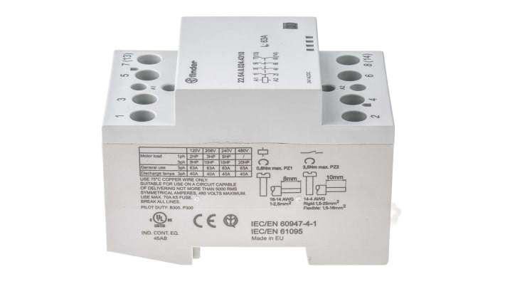 Finder 22.64.0.024.4310, contattore 4 poli 63 A, montaggio su guida DIN 35 mm, dimensioni 53.5 mm x 63.1 mm, tensione bobina 24 V.