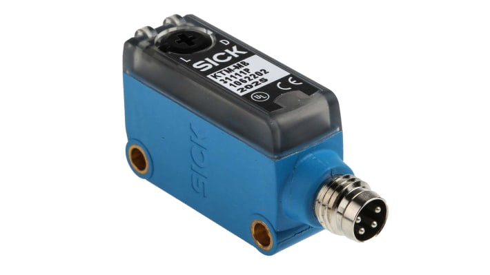 Sensore di contrasto Sick KTM-MB31111P, LED bianco, montaggio a pannello, IP67, rilevamento 12,5 mm, uscita NPN/PNP.