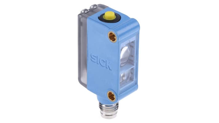 Sensore di contrasto Sick KTM-WP11181P, LED RGB, montaggio a pannello, IP67, rilevamento 12,5 mm, uscita PNP.