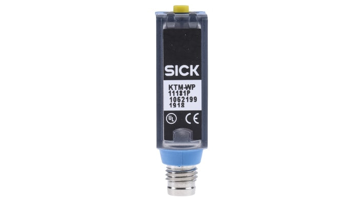 Sensore di contrasto Sick KTM-WP11181P, LED RGB, montaggio a pannello, IP67, rilevamento 12,5 mm, uscita PNP.