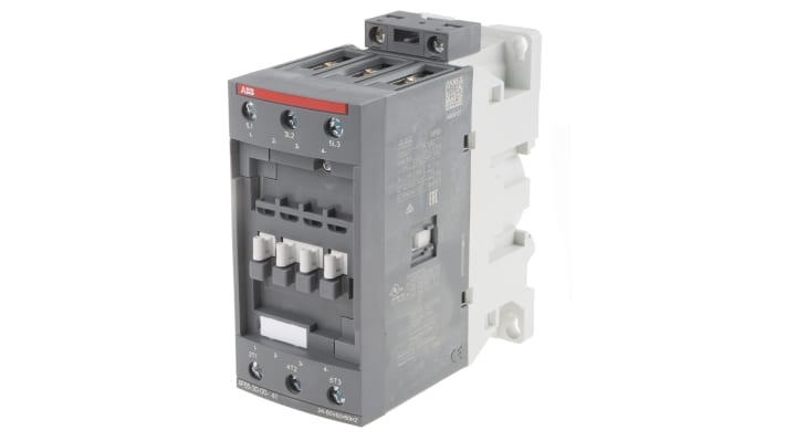 Contattore ABB 1SBL387001R4100 AF65-30-00-41, 3 poli, 3 NA, 105 A, bobina 24-60 V c.a., dimensioni 125.5 x 55 x 111 mm.