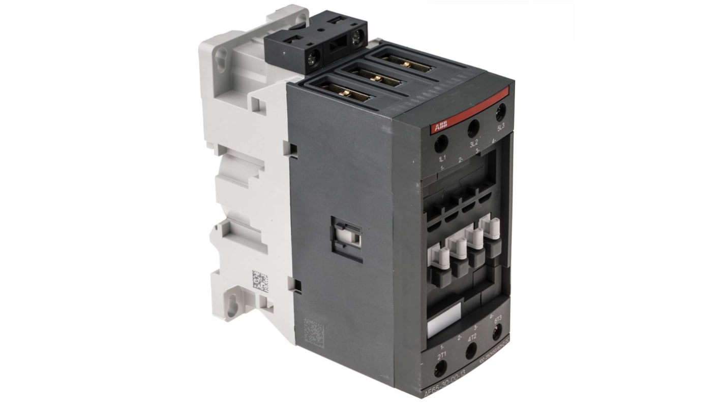 Contattore ABB 1SBL387001R1300 AF65-30-00-13, 3 poli, 105 A, montaggio su guida DIN, dimensioni 55 x 125,5 x 111 mm.