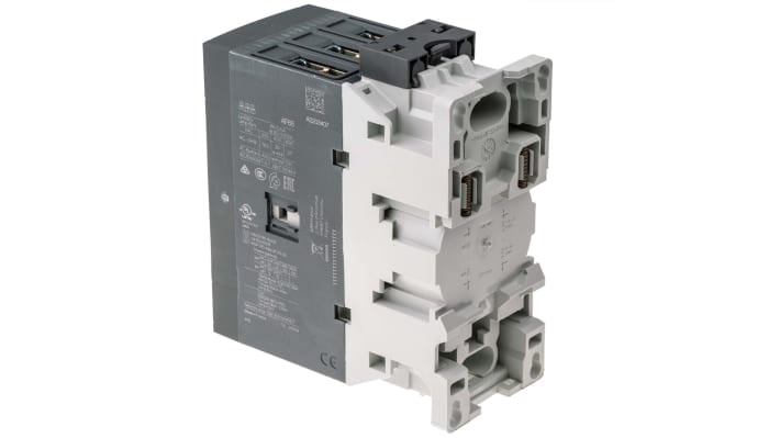 Contattore ABB 1SBL387001R1300 AF65-30-00-13, 3 poli, 105 A, montaggio su guida DIN, dimensioni 55 x 125,5 x 111 mm.