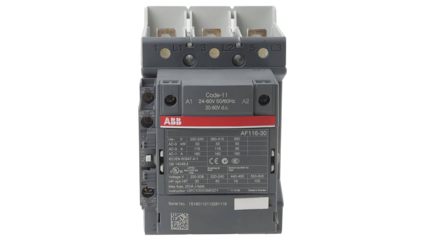 Contattore ABB 1SFL427002R1111 AF116-30-11B-11, 3 poli, 160 A, bobina 24 V, dimensioni 150x90x126 mm.