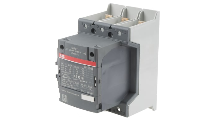 Contattore ABB 1SFL427002R1111 AF116-30-11B-11, 3 poli, 160 A, bobina 24 V, dimensioni 150x90x126 mm.