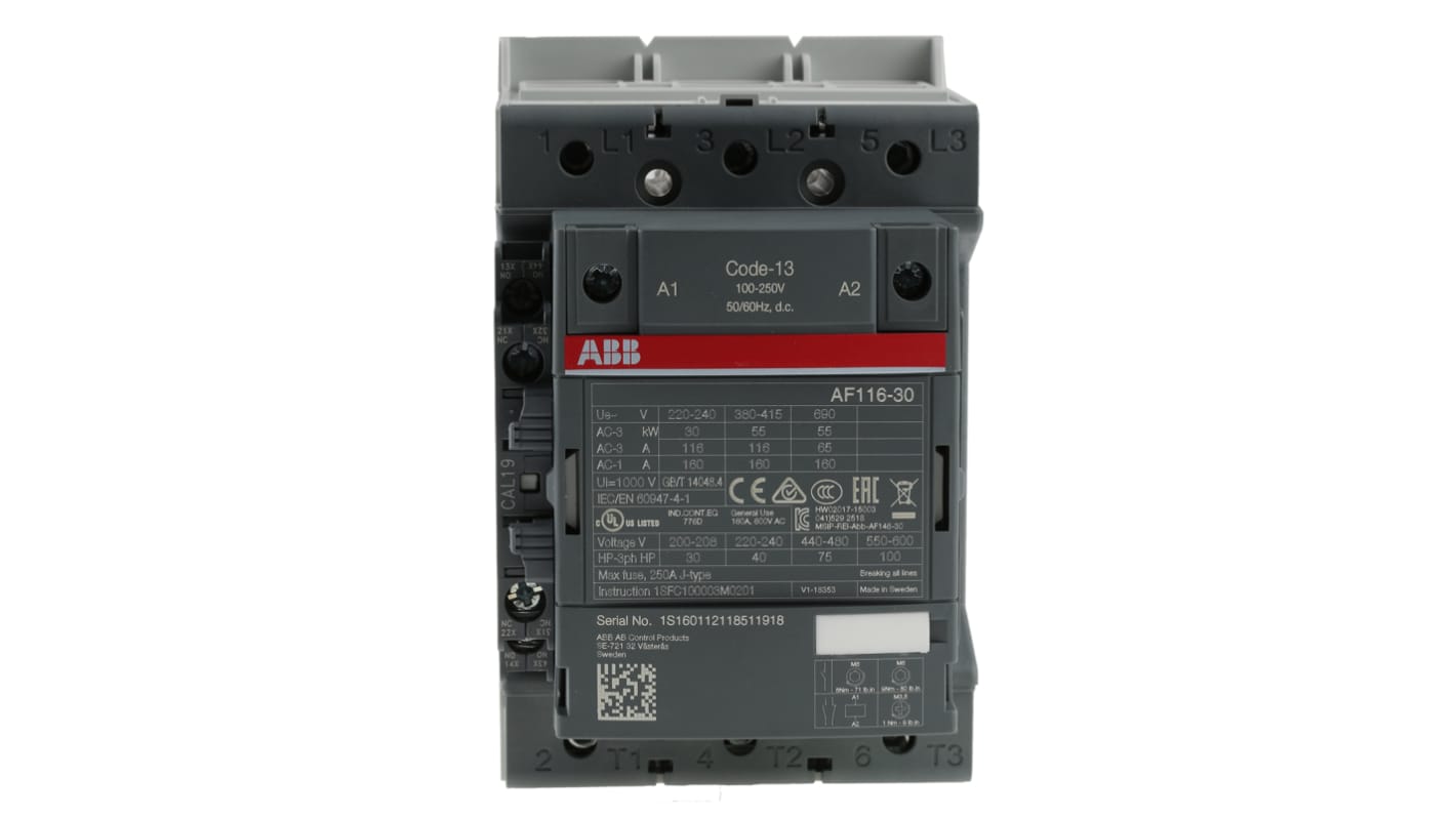 Contattore ABB 1SFL427001R1311 AF116-30-11-13, 3 poli, 160 A, 230 V, dimensioni 126 x 90 x 150 mm, peso 1,55 kg.