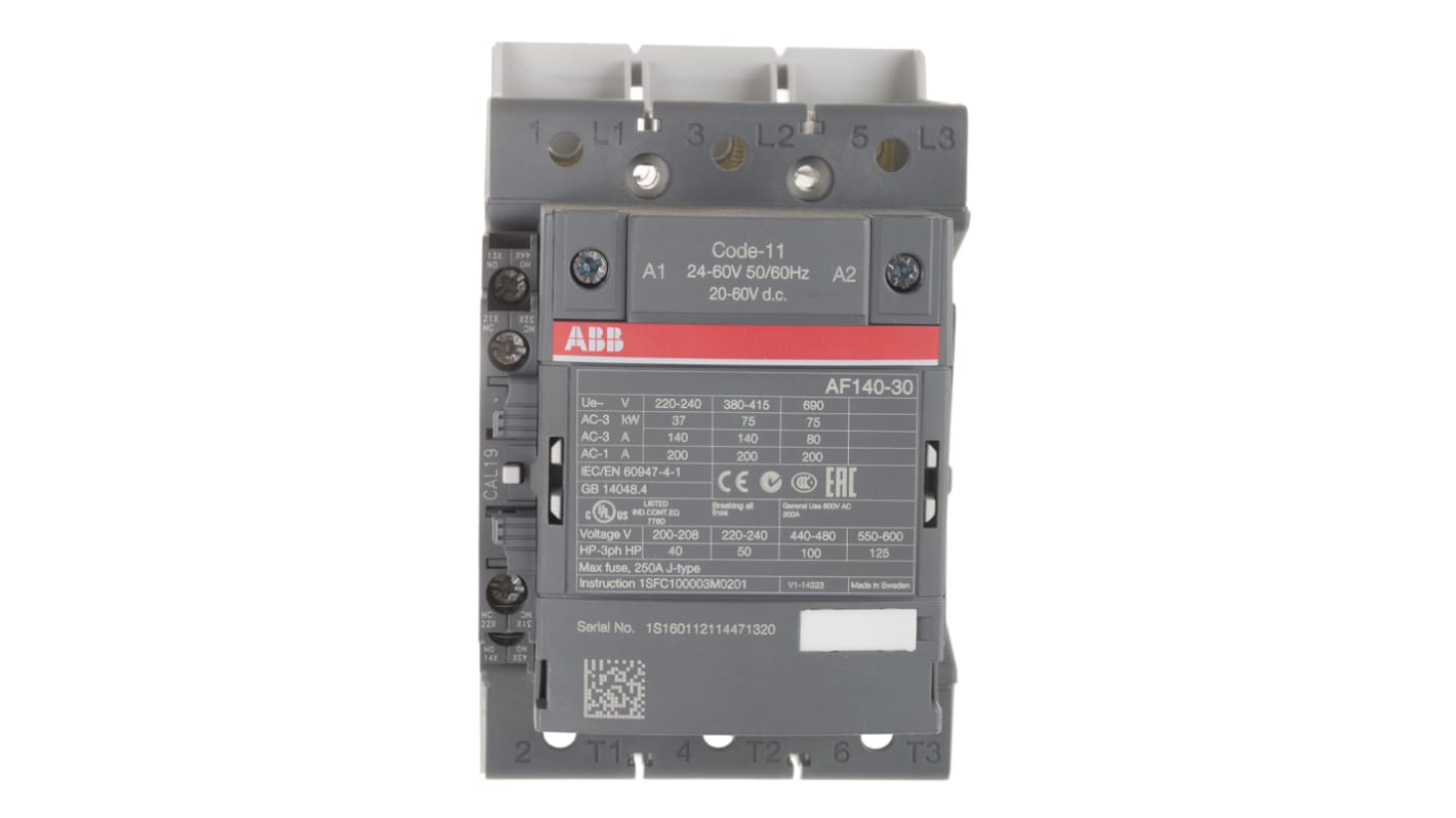 Contattore ABB 1SFL447002R1111 AF140-30-11B-11, 3 poli, 200 A, bobina 24 V, dimensioni 150x90x126 mm.