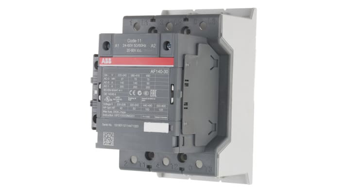 Contattore ABB 1SFL447002R1111 AF140-30-11B-11, 3 poli, 200 A, bobina 24 V, dimensioni 150x90x126 mm.