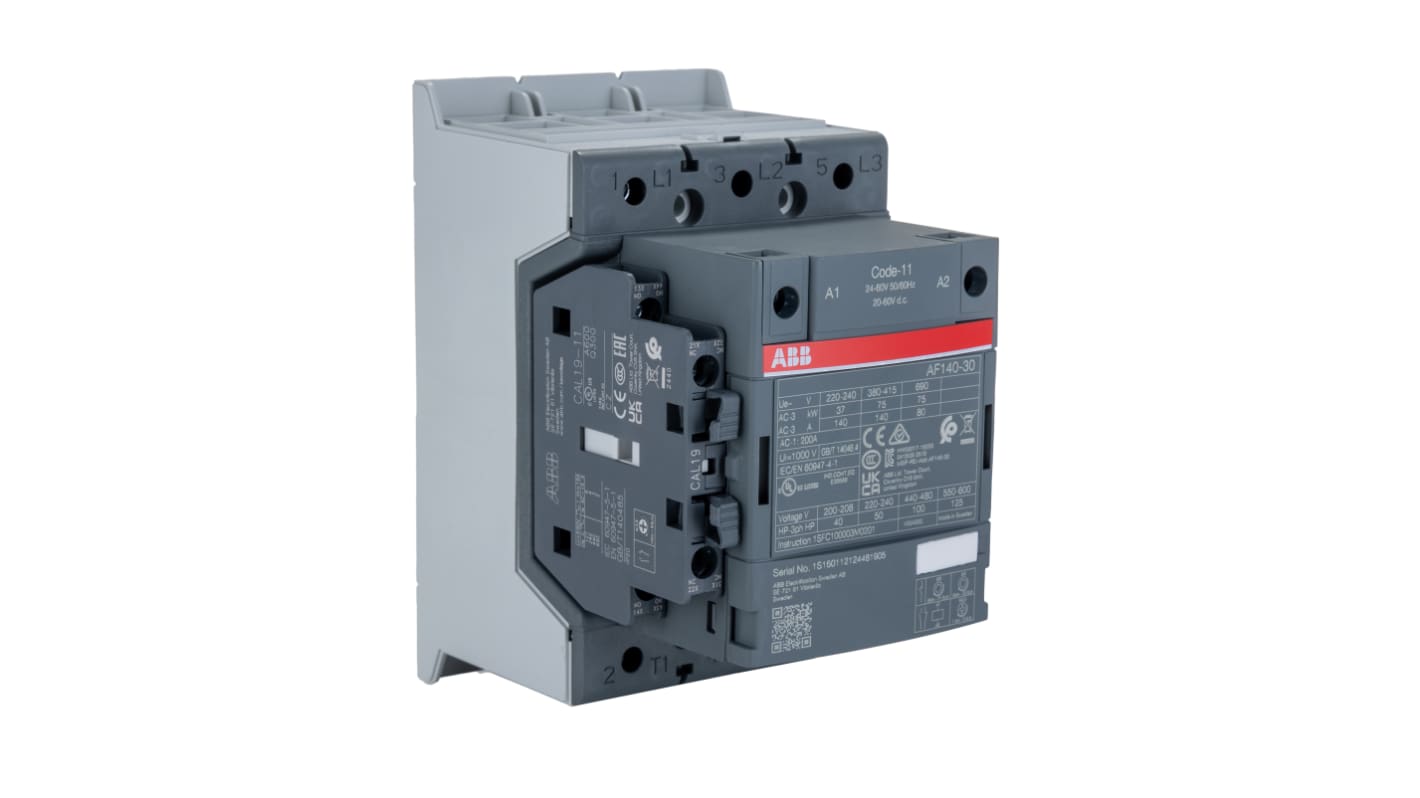 Contattore ABB 1SFL447001R1111 AF140-30-11-11, 3 poli, 200 A, bobina 24 V, dimensioni 150x90x126 mm.