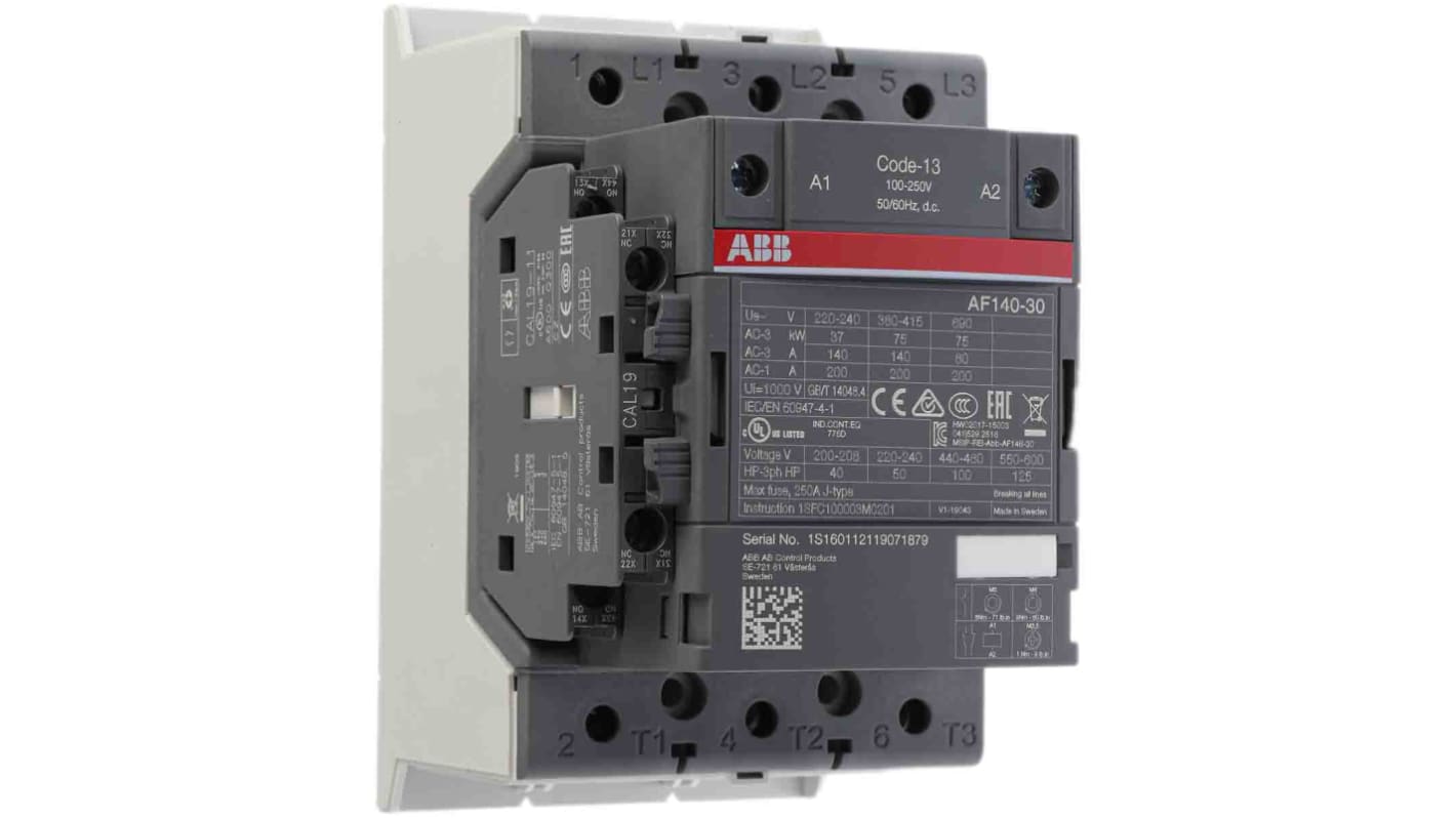 Contattore ABB 1SFL447001R1311 AF, 3 poli, 200 A, 75 kW, 230 V ca, dimensioni 90x150x126 mm, terminale a vite.
