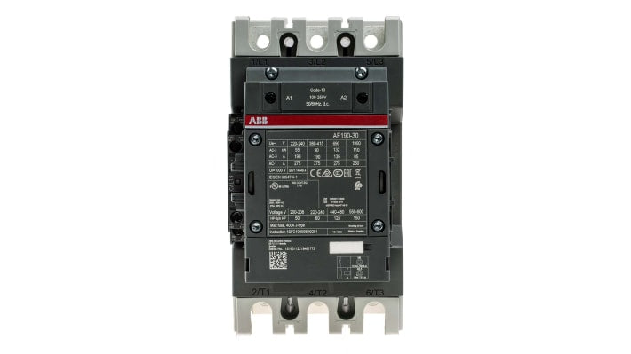 Contattore tripolare ABB 1SFL487002R1311, 275 A, 90 kW, 3 contatti normalmente aperti, dimensioni 152 x 105 x 196 mm.