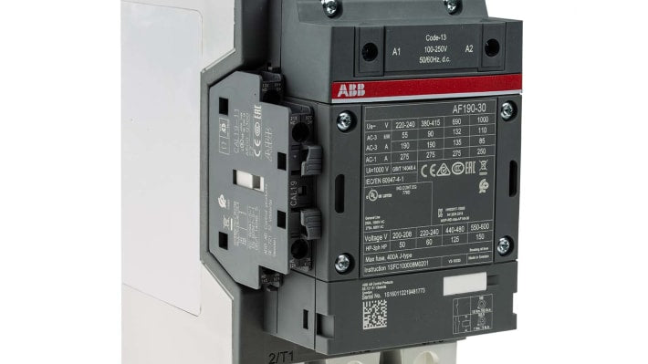 Contattore tripolare ABB 1SFL487002R1311, 275 A, 90 kW, 3 contatti normalmente aperti, dimensioni 152 x 105 x 196 mm.