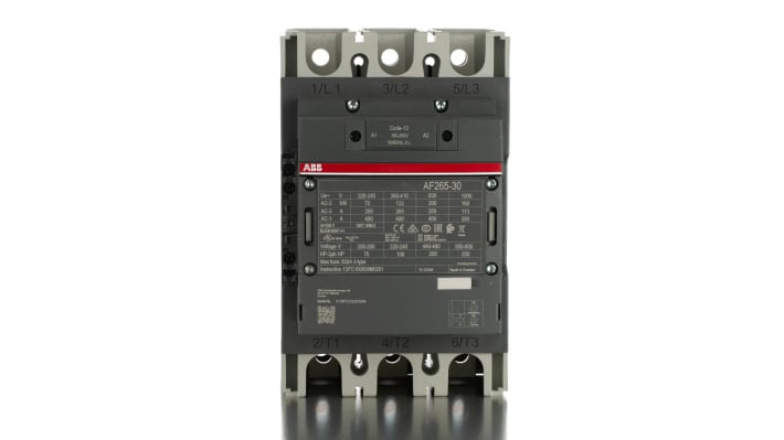 Contattore ABB 1SFL547002R1311 AF265-30-11-13, 3 poli, corrente 400 A, montaggio su guida DIN, dimensioni 225x140x180 mm.