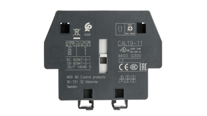 Contatto ausiliario ABB 1SFN010820R1011 CAL19-11, 4 contatti (2NC + 2NO), montaggio laterale, dimensioni 67,3 x 79 x 14,9 mm.