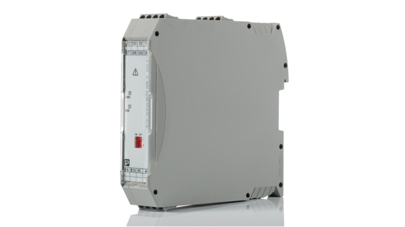 Modulo I/O Phoenix Contact 2810612, trasformatore di corrente 0-5 A, alimentazione 24 V c.c., dimensioni 104 x 22,5 x 114,5 mm.