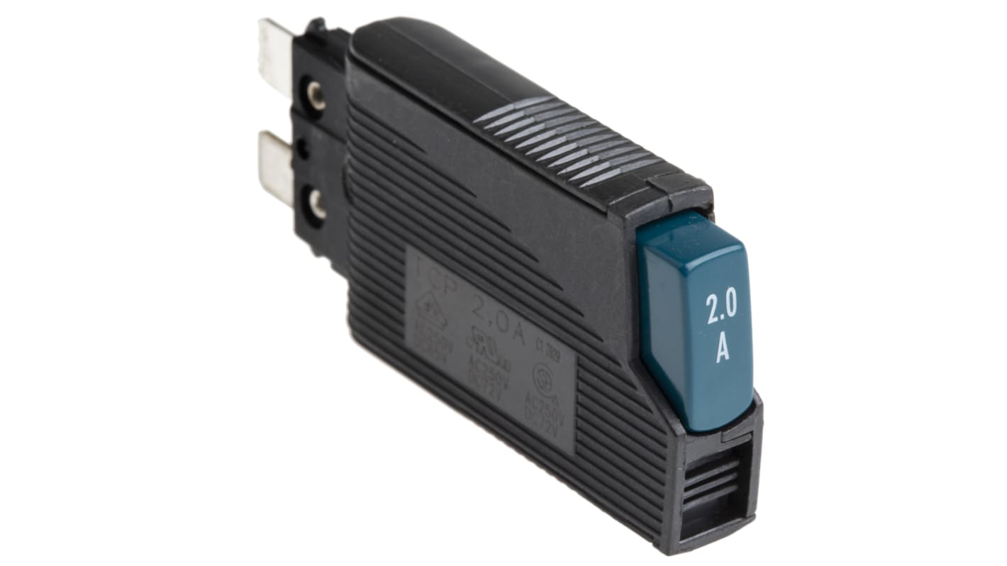 Interruttore termico Phoenix Contact TCP 2A, 1 polo, 8,2 mm di larghezza, fusibile a intervento lento, IP40. Dimensioni 55 mm x 44,5 mm.
