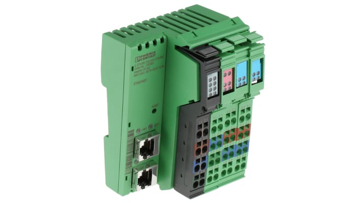 Accoppiatore bus Phoenix Contact IL ETH BK DI8 DO4 2TX-PAC per reti Modbus/TCP, 8 ingressi digitali, 4 uscite digitali, montaggio su guida DIN.