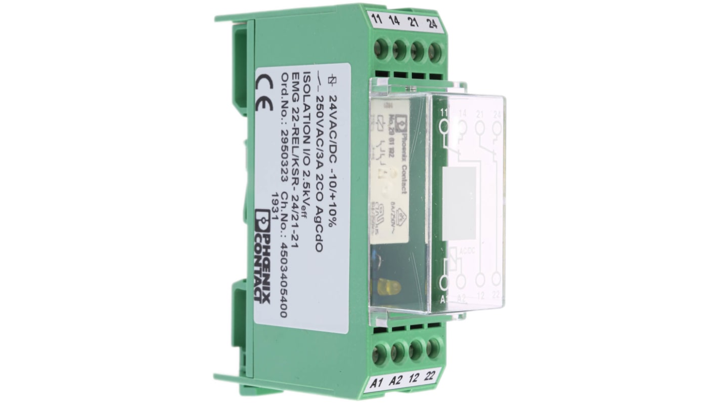 Relè di interfaccia Phoenix Contact EMG 22-REL/KSR-24/21-21 - Bobina 24V ca/cc - Montaggio a telaio - Contatti DPDT - Tecnologie di collegamento facili - Automazione industriale.