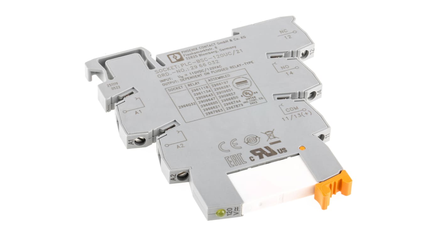 Phoenix Contact, relè d'interfaccia PLC-RSC, 120V, contatti SPDT, montaggio su guida DIN, dimensioni 6.2 x 94 x 80mm.