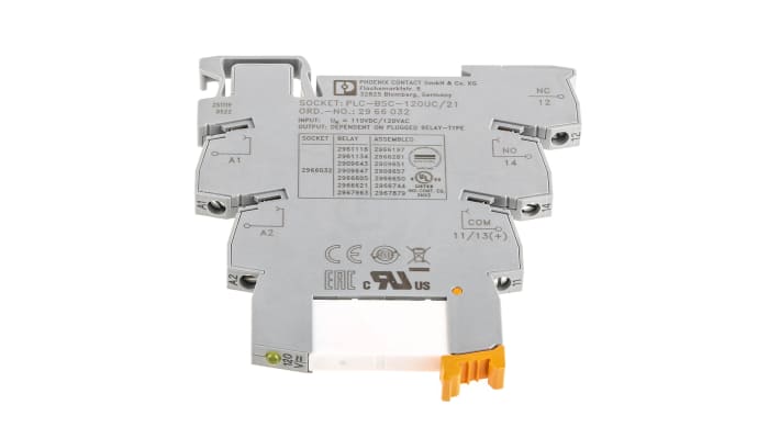 Phoenix Contact, relè d'interfaccia PLC-RSC, 120V, contatti SPDT, montaggio su guida DIN, dimensioni 6.2 x 94 x 80mm.